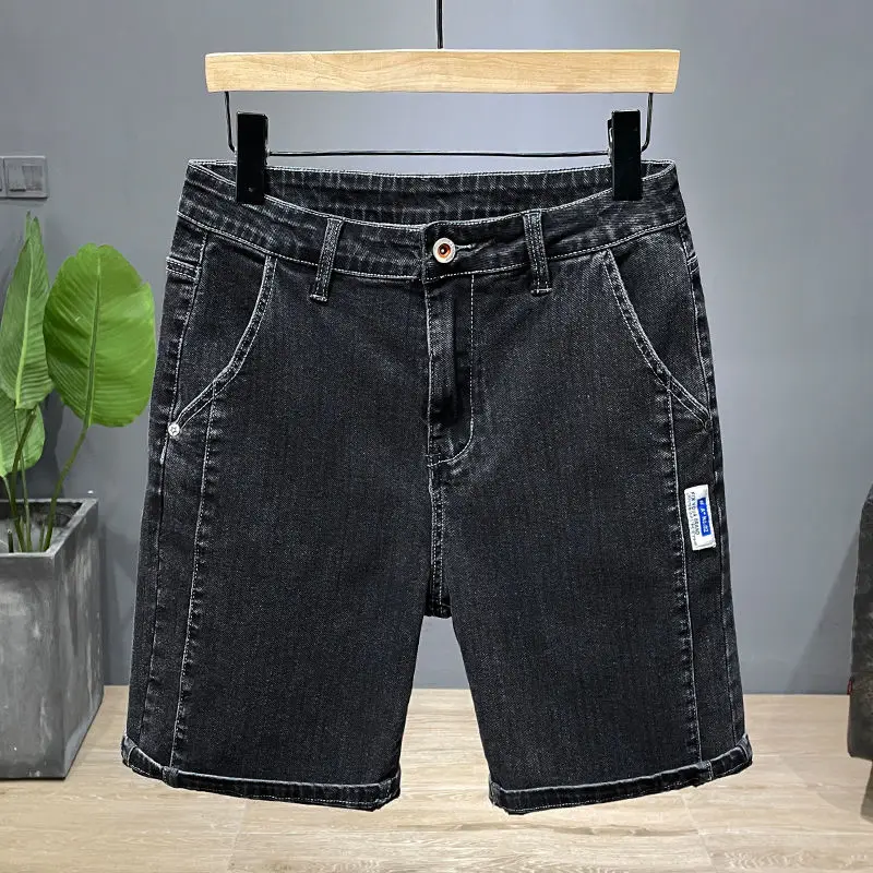 2025년 트렌디 고급 브랜드 남성용 하이엘라스틱 데님 반바지, 여름 얇은 트렌드 패치 자수 하프 워크 하프 팬츠