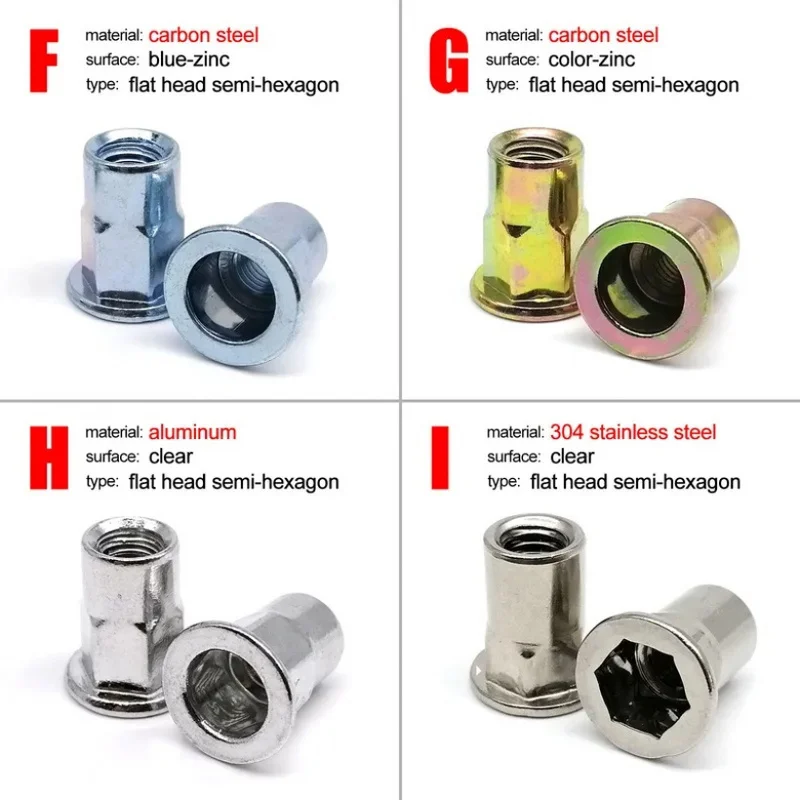 Insert Rivet Nut Rivnut Nutsert Blind Hex Flat Head Steel Aluminum 304 316 Stainless Steel20pcs M3 M4 M5 M6 M8 M10 M12
