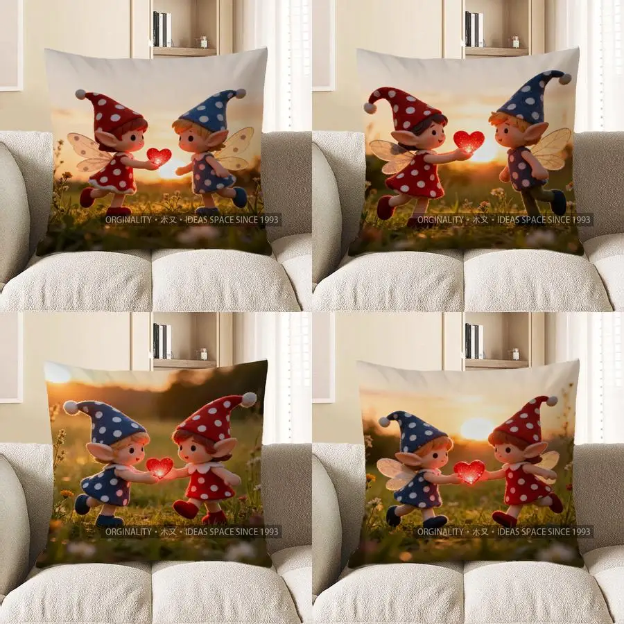 

Наволочка с рисунком милых сказочных близнецов, обменяющих друг друга сердцами, подходит для дивана, спальни, автомобиля.