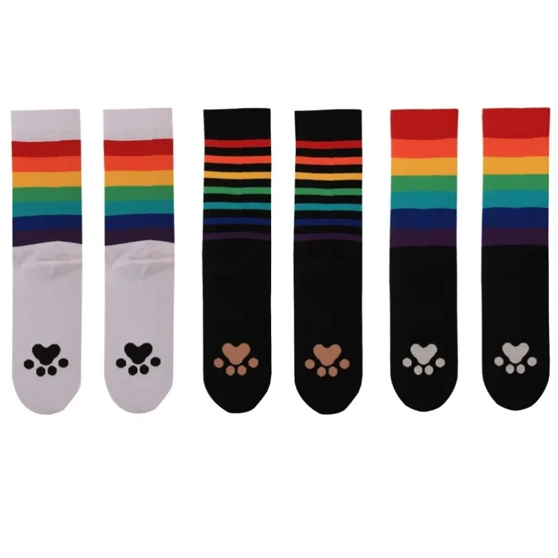 3 Pares de Calcetines a Rayas para Mujer, Diseño de Pata de Gato, Orgullo LGBT, Estilo Harajuku, Coloridos, Casuales, Arcoíris, de Algodón, Cortos, para Damas y Hombres