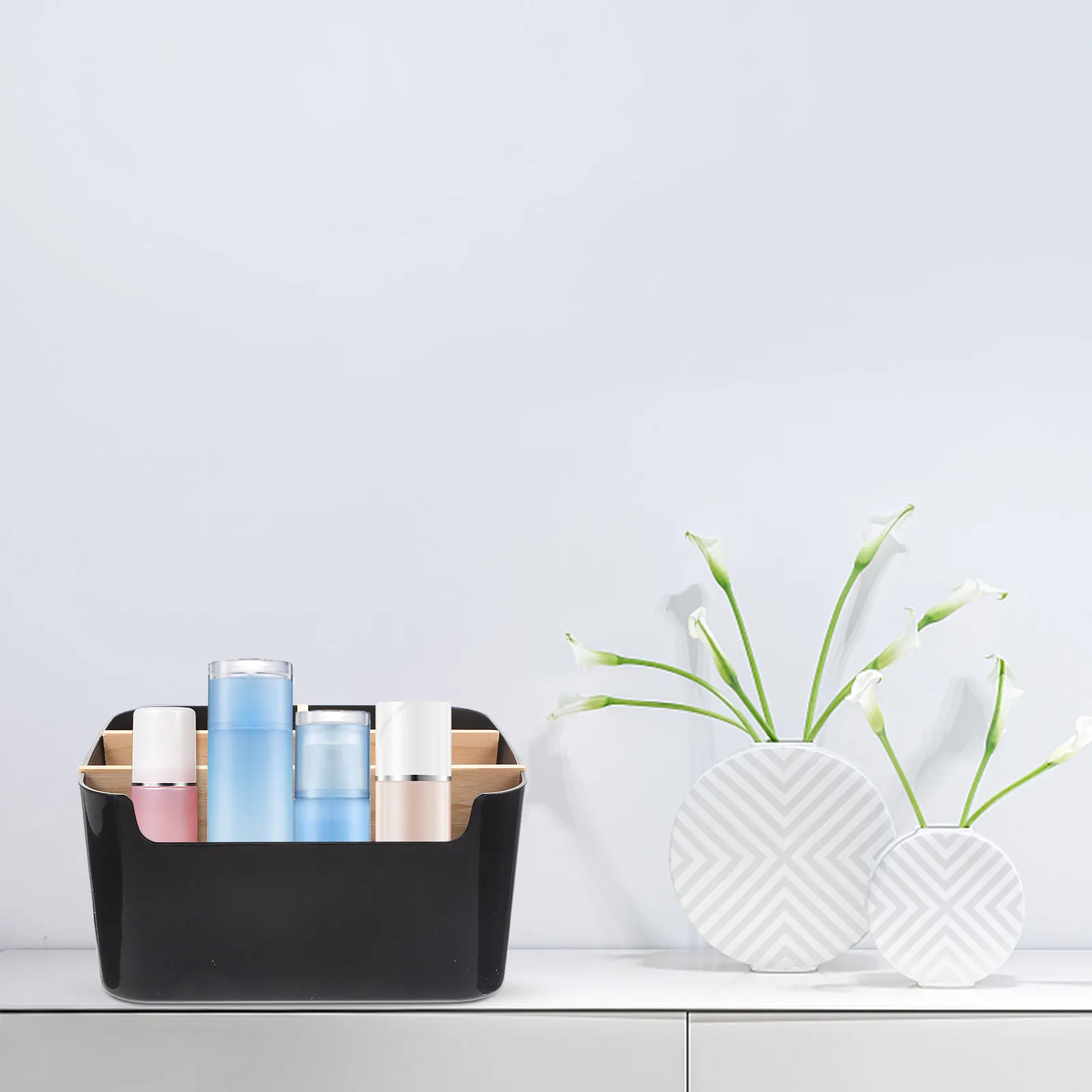 Bamboo Makeup Organizer Desktop Storage Box for Vanity Countertop Skincare Cosmetics and Sundries