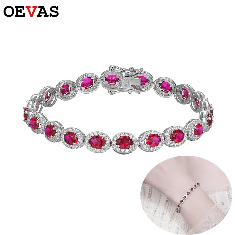 

OEVAS 4x6mm synthetic Ruby Bracelet 100% S925 Sterling Silver For Women Oval Cultivate gems Bracelet luxury Fine Jewelry Gift