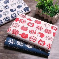 Cotton Hemp Cloth Lucky Cat Print Fabric Sewing Cloth Bag, Quilting, Craft, Stitching, Throw Pillows, Tablecloths, Handmade DIY