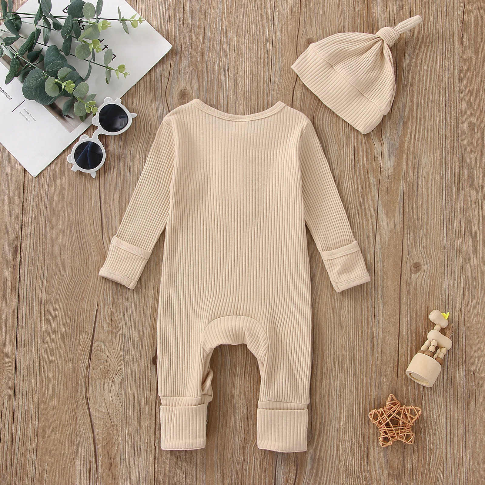 

Infant Baby Jumpsuit and Hat Set Solid Knit Ribbed Long Sleeve Crew Neck Button Romper Clothes