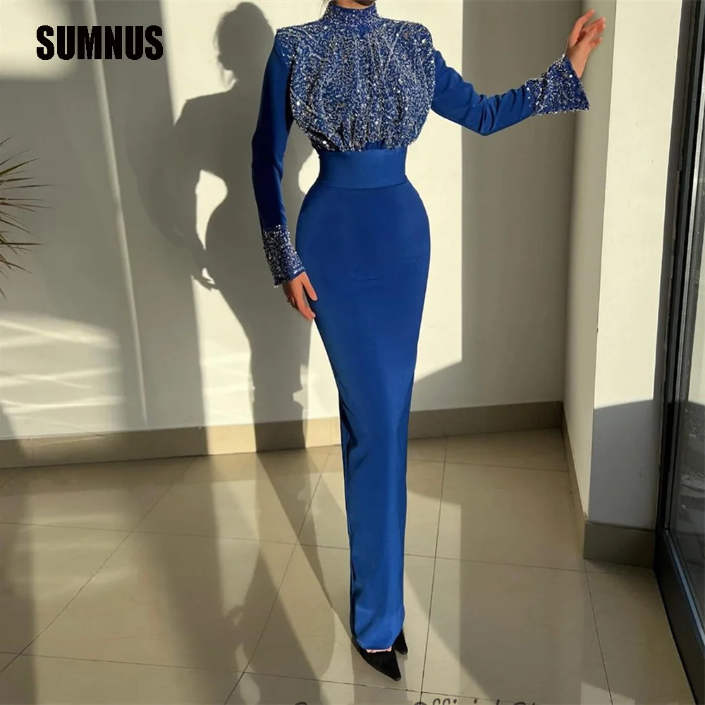 

SUMNUS Shiny Satin Prom Dresses Long Sleeves High Neck Dubai Bead Arabia Women Evening Gowns Cocktail Party Dress Robe de soiree