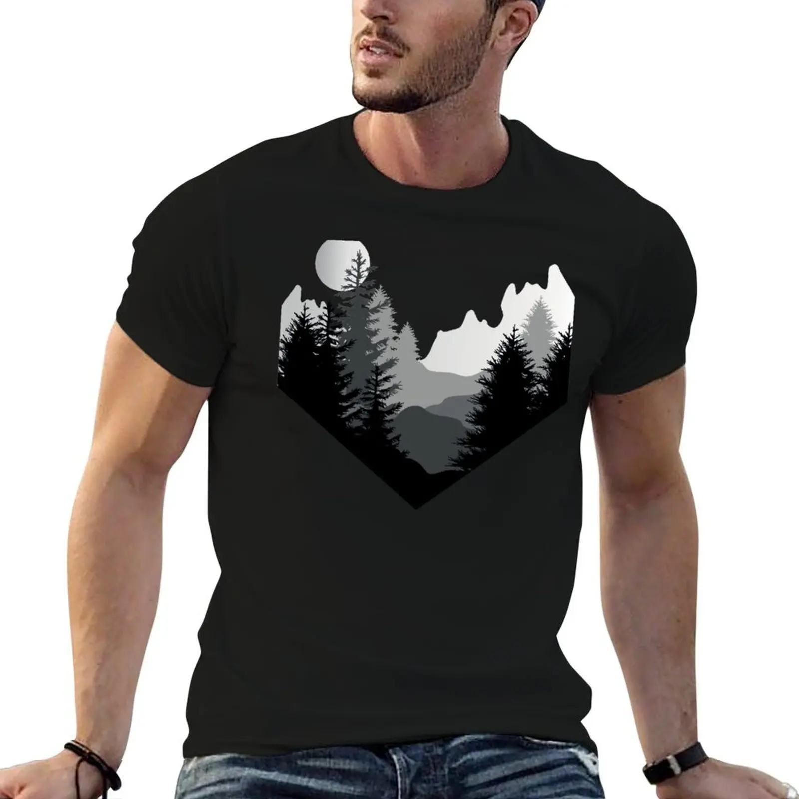 PNW Forest - Polygon - Geometrical Design - Black and White T-Shirt man t shirts cotton cotton t shirt pack T-Shirt