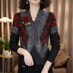 Women Clothing Autumn Winter Stylish Vintage 3D Flower Printed Thick Basic T-shirt Elegant V Neck Long Sleeve Slim Pullover Tops