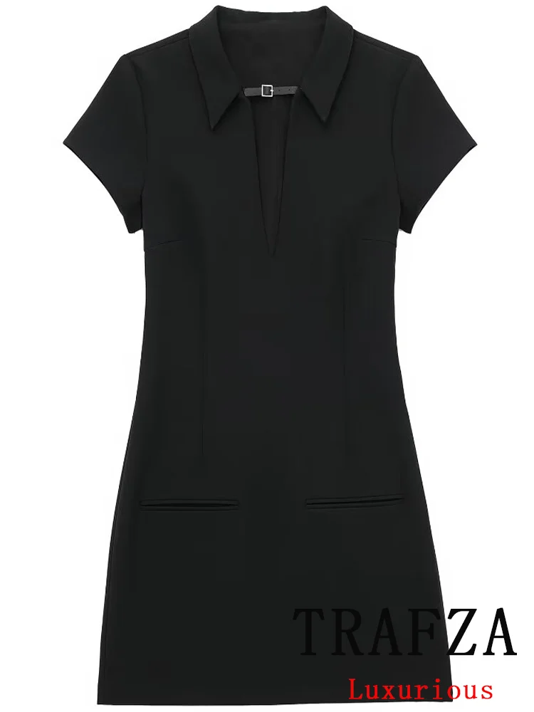 TRAFZA Vintage Casual Chic Women Dress Solid Turn-down Collar Short Sleeve Mini Vestidos New Fashion 2024 Spring Summer Dress