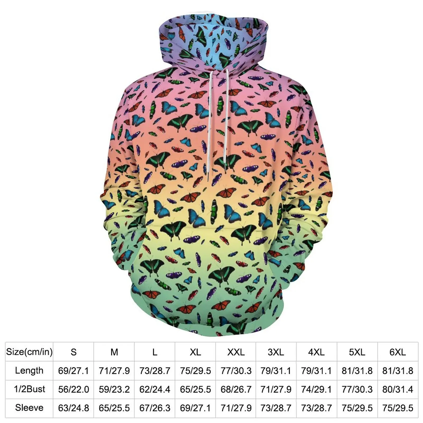 Rainbow Butterfly Casual Hoodies Male Animal Elegant Pattern Hooded Sweatshirts Autumn Long Sleeve Street Style Oversized Hoodie