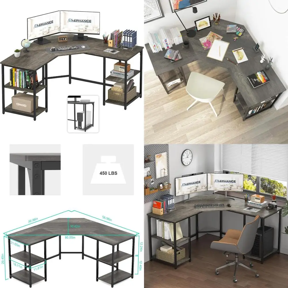 

Large L-Shaped Desk with Shelves, Corner Desk for Home Office, Writing and Gaming Workstation, Laptop Table
