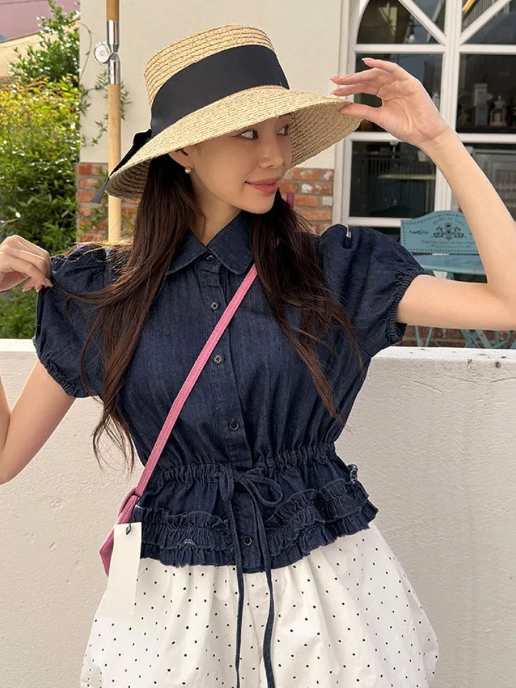 Women's Denim irt Bubble Sve  Collar Dstring Waist Slimming Sweet Wood  Baby Doll Top Cotton ort Sve