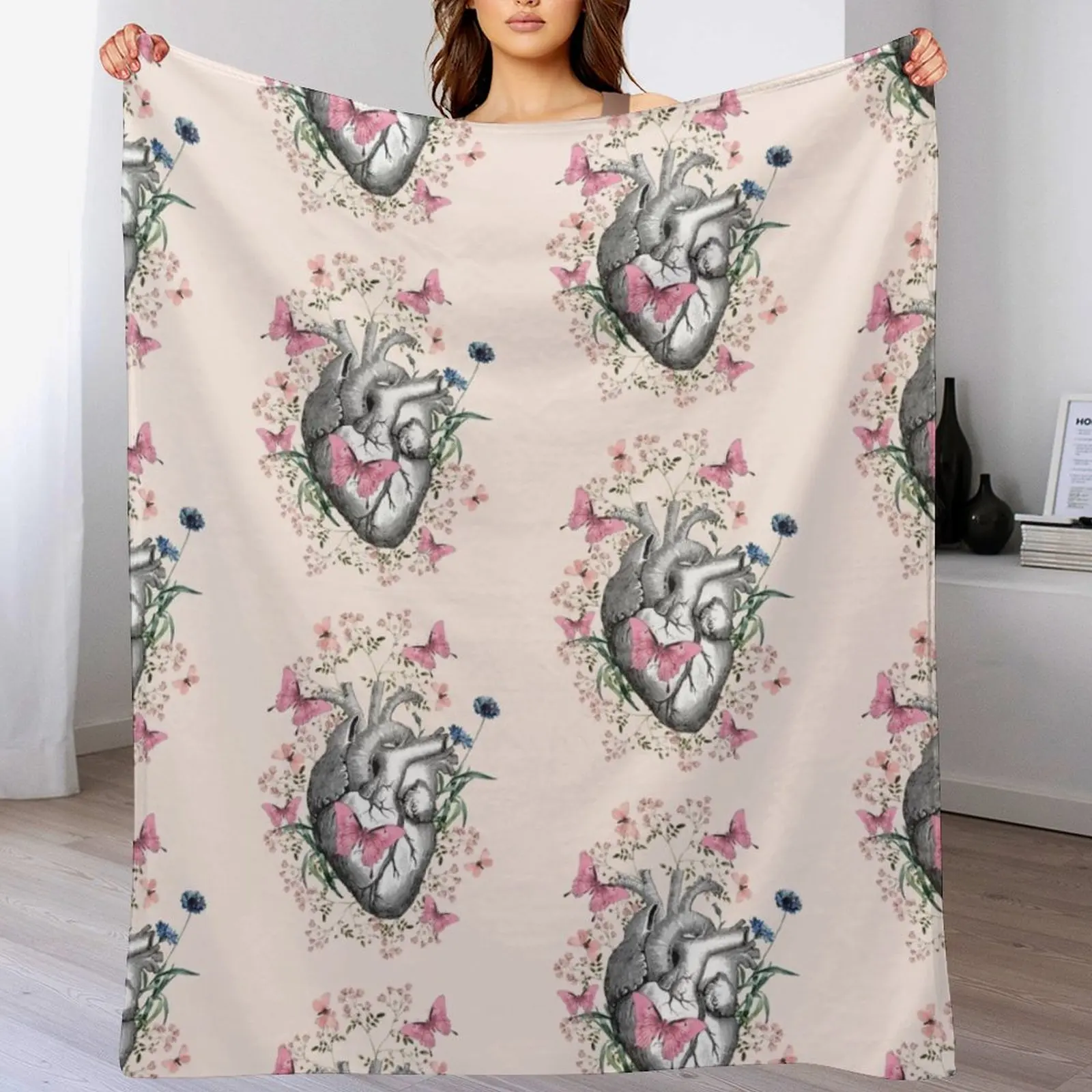 

Floral and pink butterflies with Human Heart in love, vintage effect watercolor pink flowers, Heart, anatomical Hu Throw Blanket