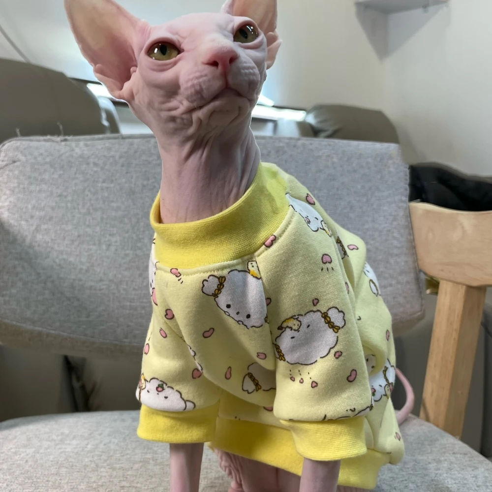 Warm Coat for Sphynx Cat in Winter Soft Fleece Cartoon Sweatshirt for Kittens small dogs Loungewear for Devon Rex Cat Supplies