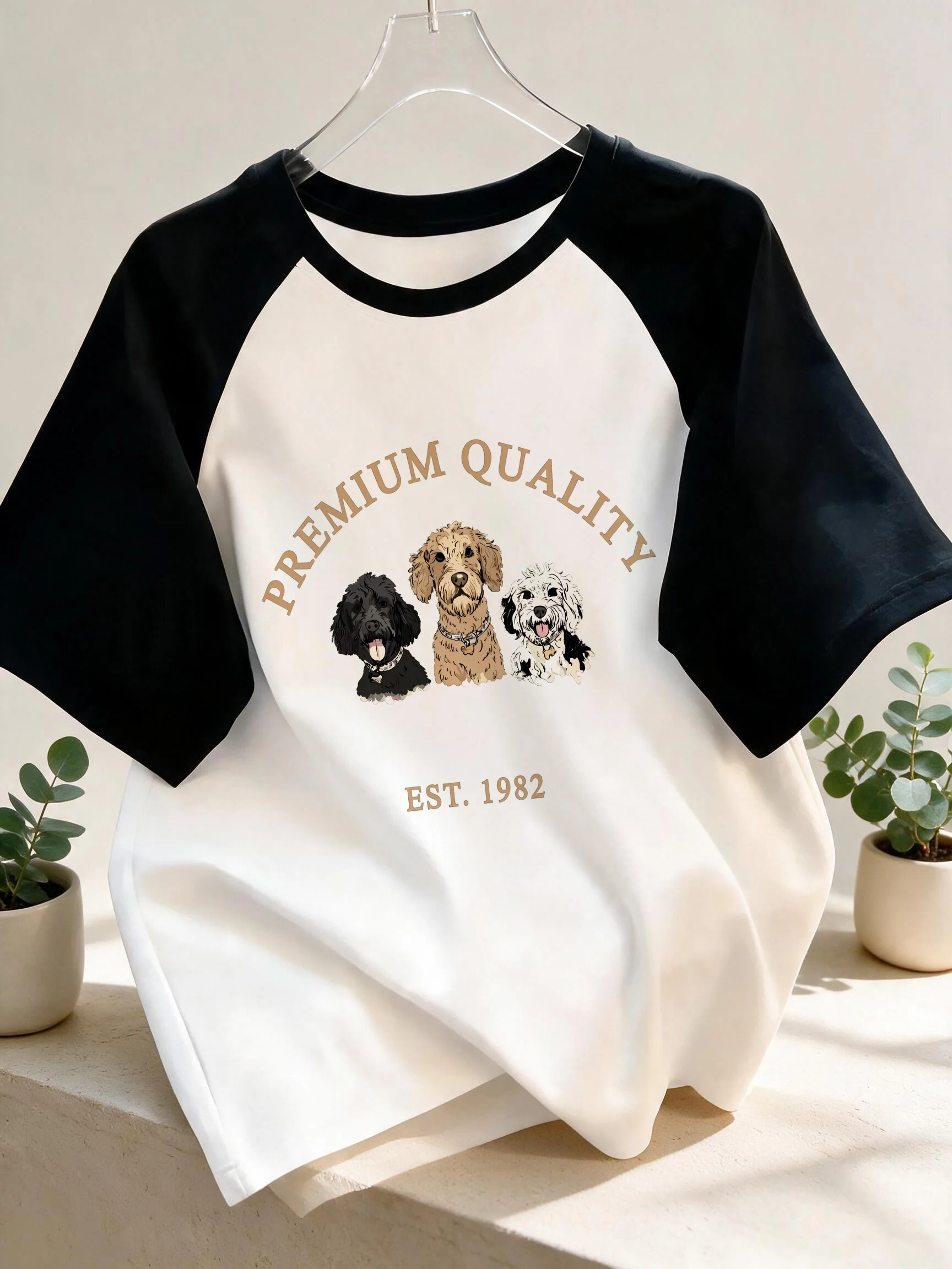 Casual Vintage Raglan Short Sleeve T Shirt with Three Little Dog Print Women's Funny Pet Tops T-shirt Clothes Female Outfit Cute