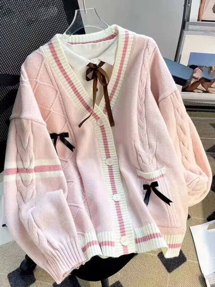 Sweet Bow Knitted Cardigans Y2k Aesthetic All Match Contrast Color Coats Fashion Single Breasted Women Kawaii Jk Sweaters Jumper