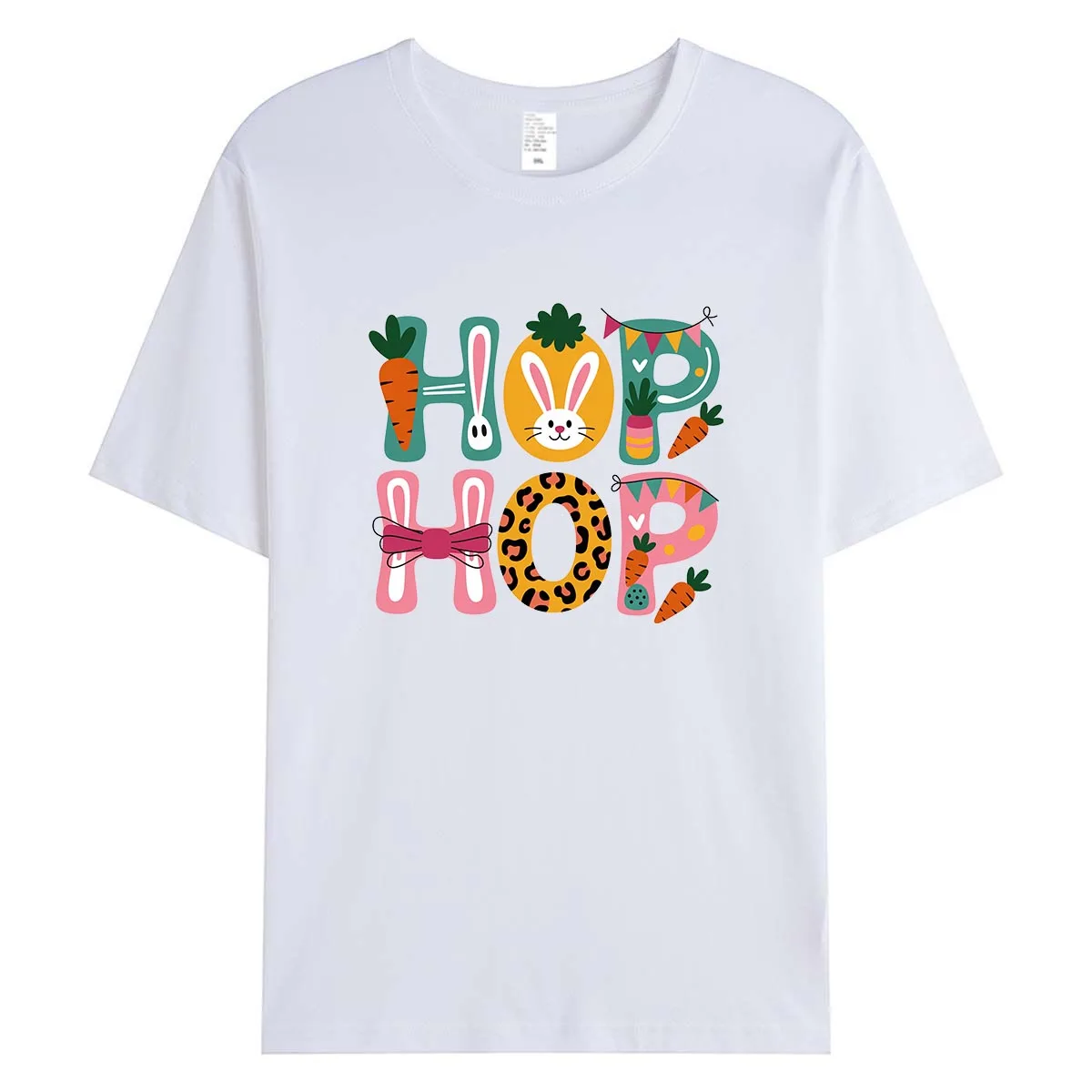 

Hop Hop Easter Bunny Ears Carrot Women T-Shirt Cute Leopard Pattern Graphic Tee Spring Summer Cotton Tops Holiday