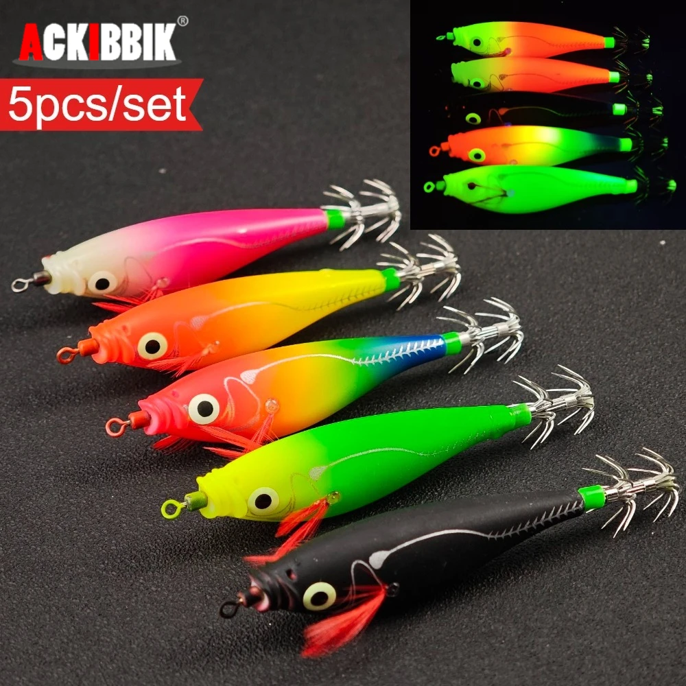 Ackibbik, 5 uds., 10cm, plantilla de calamar luminosa, cebo de calamar Artificial, Señuelos de pesca de camarones, sepia, pie web, pulpo, accesorios de pesca