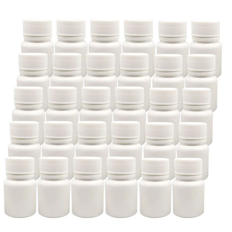 50pcs 10cc 15cc 20cc 30cc 50cc 60cc 100cc HDPE White Empty Plastic Pill Bottles Capsule Medicine Containers with Caps & Sealer