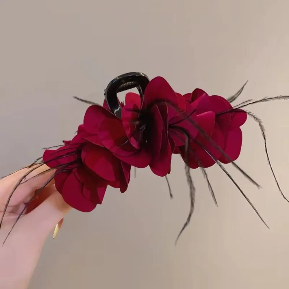 Pinza para el pelo de plátano multicapa elegante, horquillas de flores plisadas rojas, lazo, pluma, Clip de tiburón, vacaciones de verano