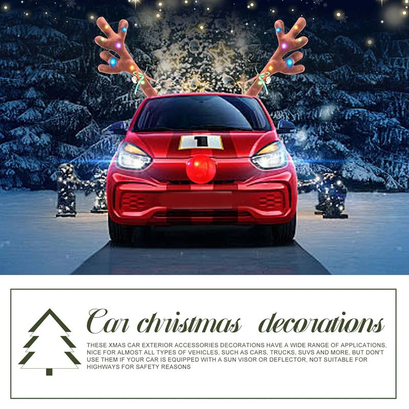 Car Reindeer Antlers,Antlers Car Kit With LED Lights,Reindeer Car Kit Antlers,Nose,Tail,Christmas Decorations For Car