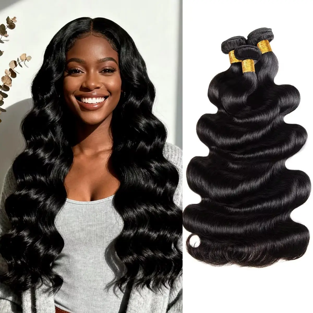 

Пучки человеческих волос 20, 22, 24, 26 дюймов, бразильские волосы, глянцевые, быстрое плетение, объемная волна, 4 пучка, натуральные черные наращивания