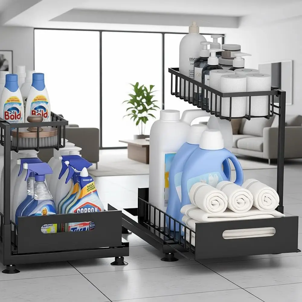

Двухуровневый металлический выдвижной органайзер для кухонных шкафов, регулируемая высота, усиленный, 2 шт., черный, для кухни и ванной