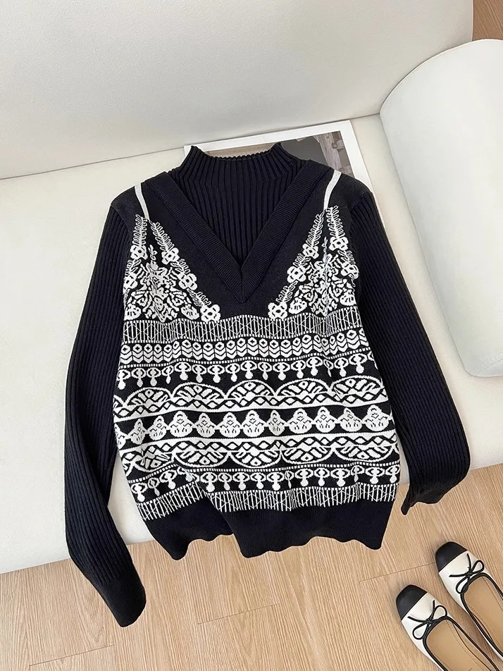 

Свободный женский свитер для похудения с высоким воротником, осенне-зимний модный вязаный топ против морщин, корейский вязаный топ для поездок на работу