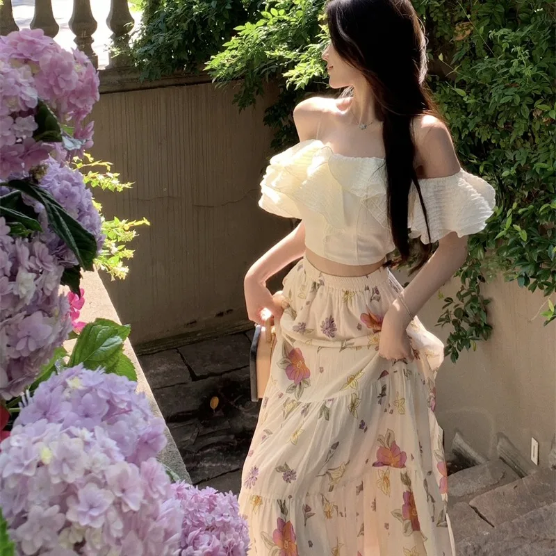 

ort Crop Top And Long Skirt Set with Ruffle Hemline And oulder Baring Design for Spring Summer Faion Ladies' Ensemble