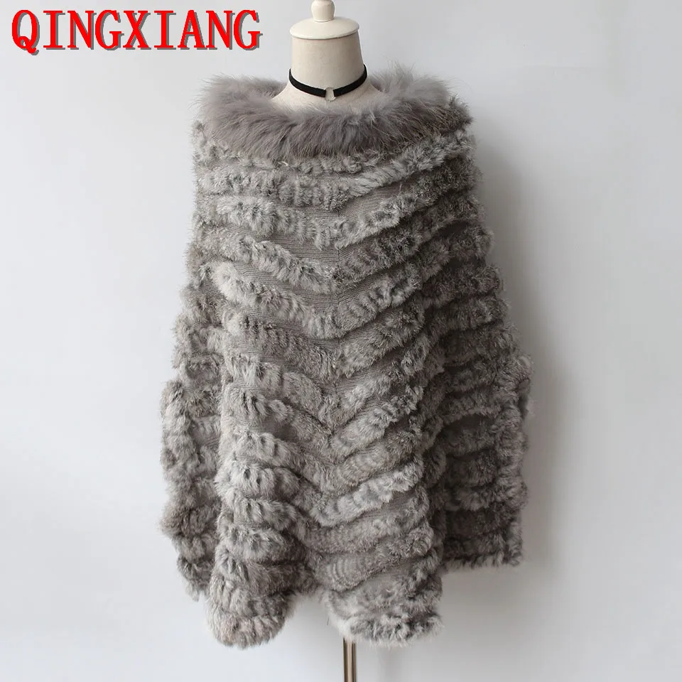 

Striped Rabbit Poncho Shawl Winter Thick Warm Raccoon Fur Neck Loose Cloak Hole Batwing Sleeves Pullovers Out Streetwear Coat