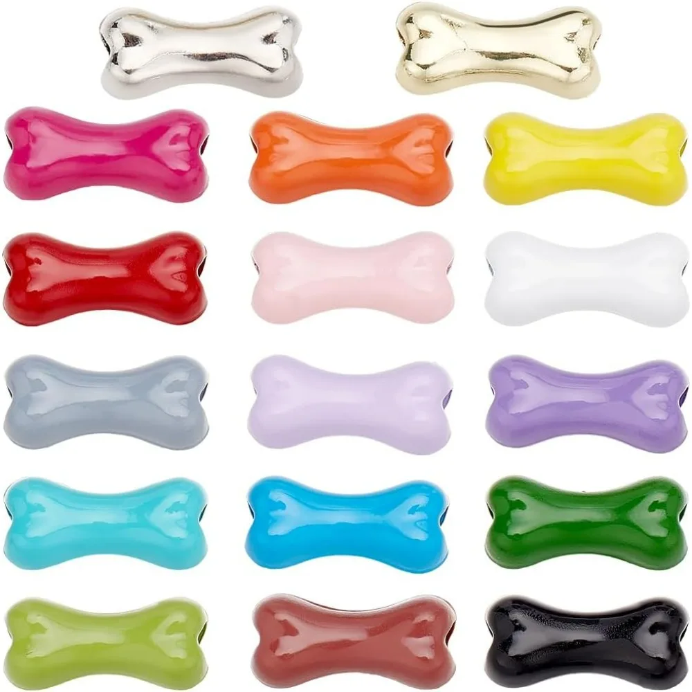 1박스 34개입 17색 뼈 모양 비즈 대량 뼈 모양 비즈 금속 합금 다채로운 애완동물 대형 구멍 강아지 뼈 모양 비즈