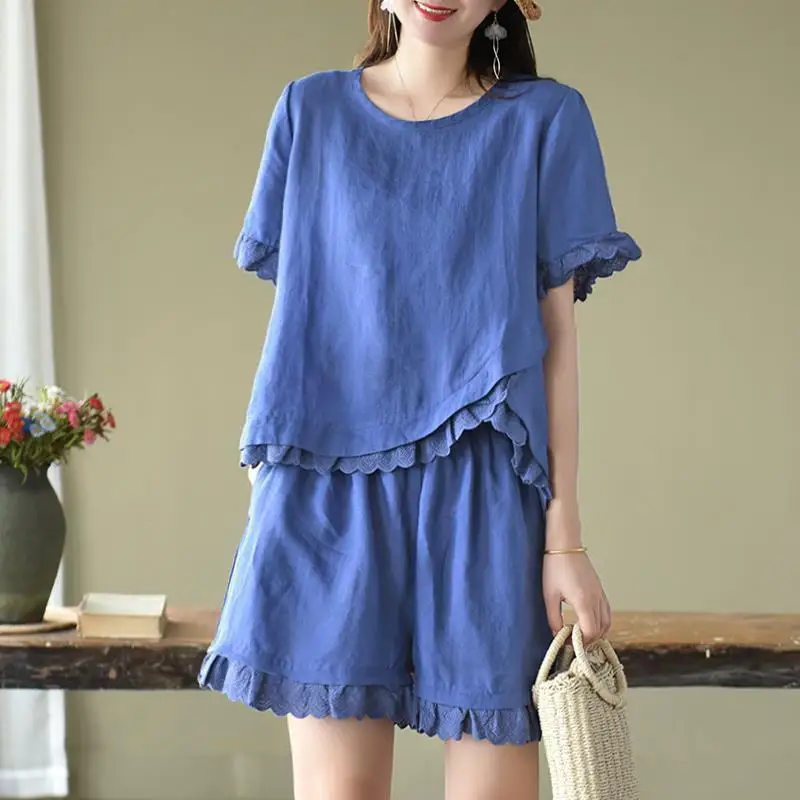 Women Summer Simplicity Loose Hollow Out Cotton and Linen Short Sleeve T-Shirt Ladies Casual Appear Thin High Waist Shorts Suit