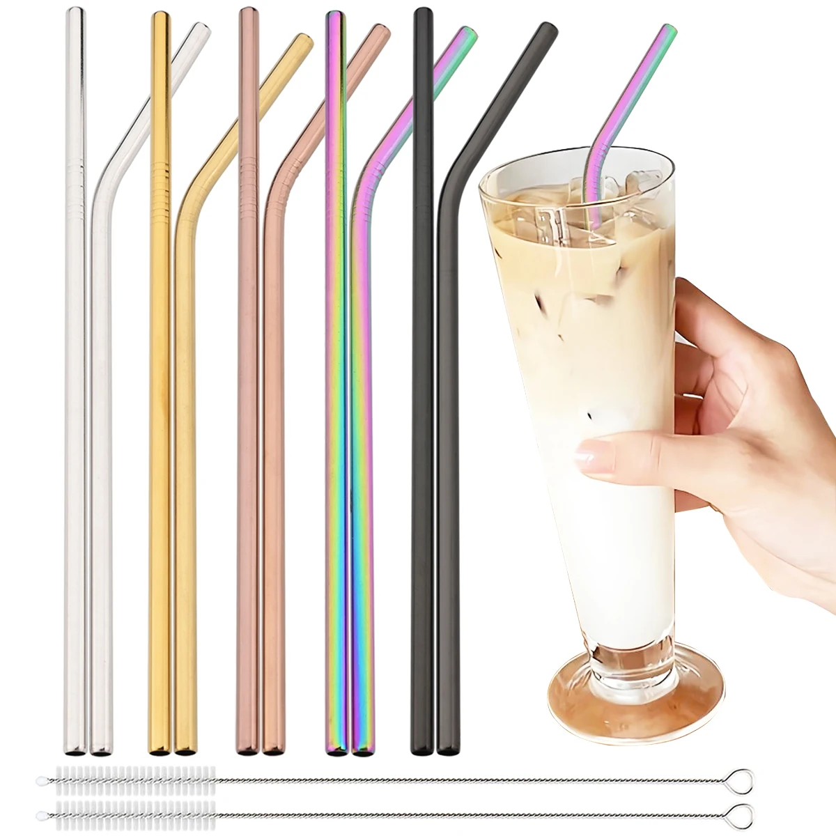 5-teiliges wiederverwendbares Edelstahl-Strohhalm mit Bürstentasche, mehrfarbiges Strohhalme-Set, geeignet für Milchshakes, Säfte, Kaffeebar-Zubehör