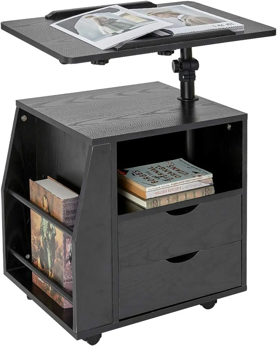 

Bedside Table Height Adjustable End Table,Wooden Nightstand with Swivel Top,Storage Drawers & Universal Wheels, Black