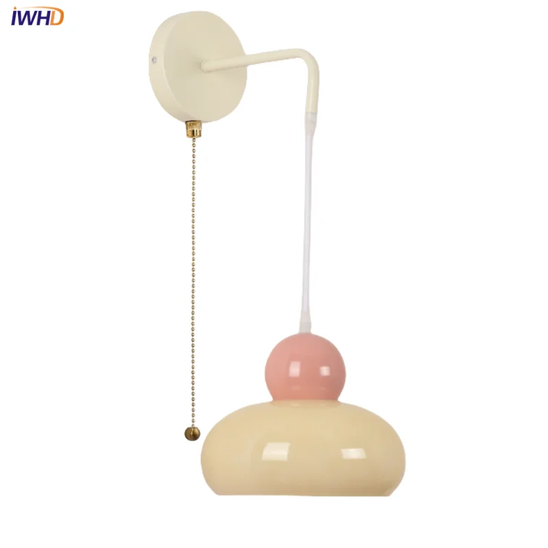 

IWHD Iron Nordic LED Wall Light Fixture Living Room Reading Bar Pull Chain Switch Glass Adjustable Bedside Lamp Lampara De Pared