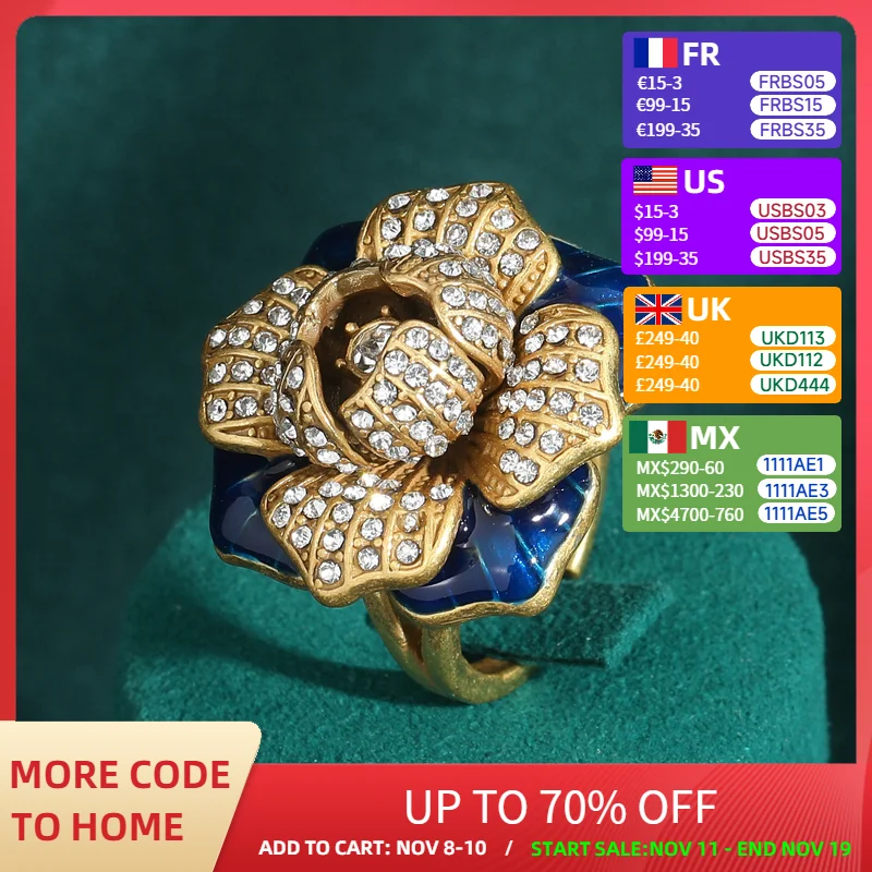 

Romantic 3D Full Rhinestones Rose Flower Vintage Rings Gold Color Camellia Blue Enamel Luxury Designer Copper Jewelry for Women