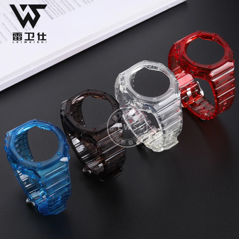 Correa de reloj de silicona transparente para Casio GA2100/GA2110/GA-B2100, correa de reloj resistente al agua con movimiento, correa de reloj negra, roja y azul + funda
