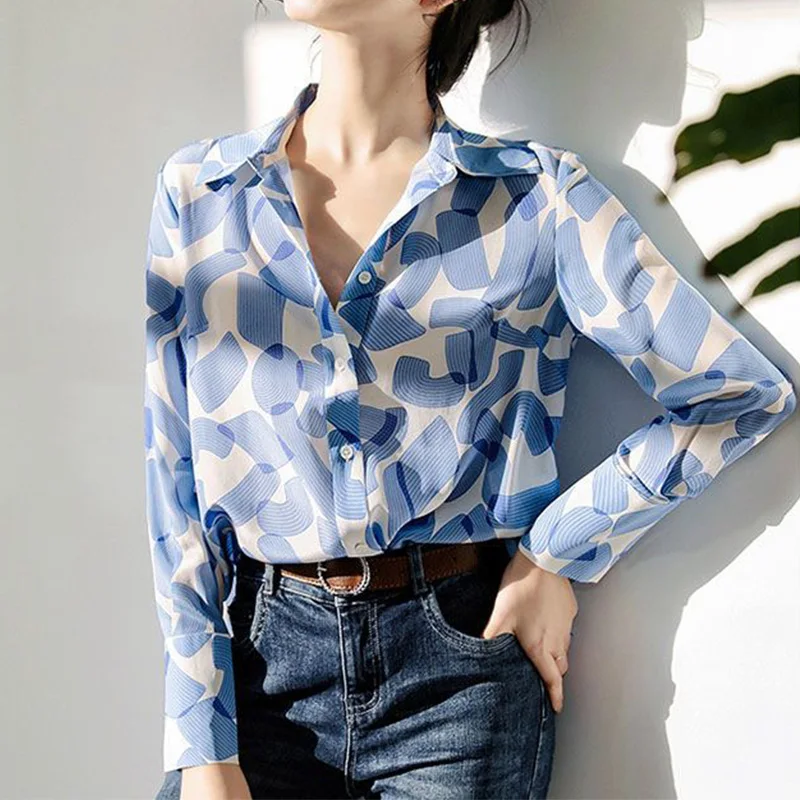 Spring Autumn Clothes for Women Blue Long Sleeved Shirt Fashionable Printing Long Sleeve Turn-down Collar Splicing Button Blouse