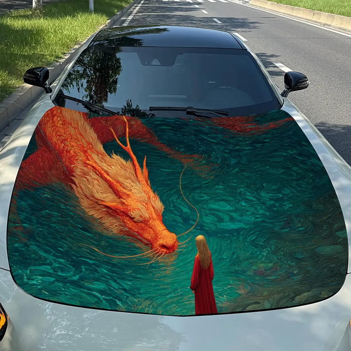 

Cool Orange Dragon Car Hood Stickers - Self-Adhesive, Waterproof and Durable Vinyl Wrap, Decorate And Protect Your Car, Fit For