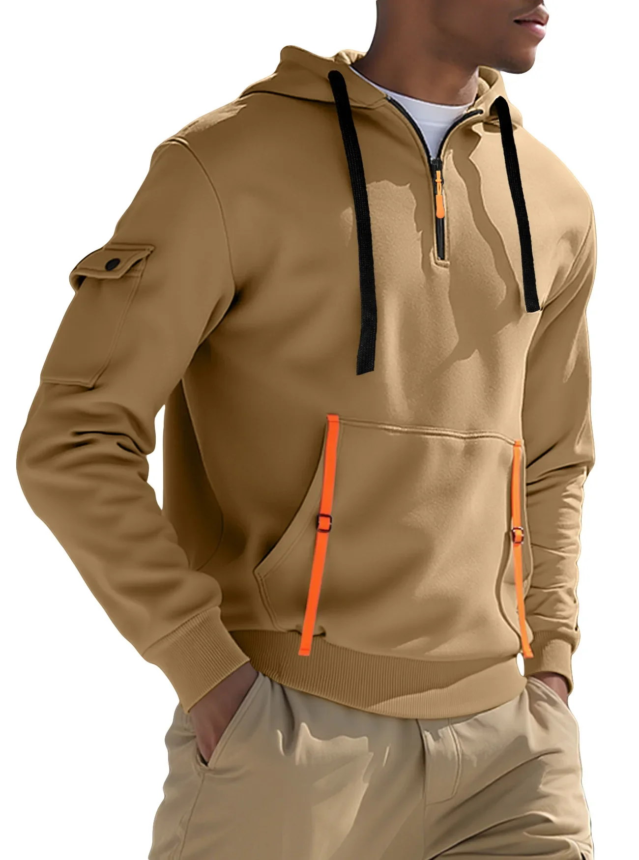 

Casual Solid Color Hoodie Men's Sportswear Jacket with Zipper Pockets and Drawstring