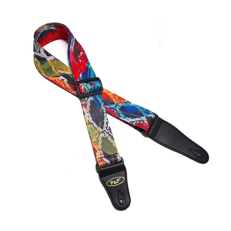 Soft Thick Adjustable Cool Pattern Printed Terylene Polyester Guitar Strap with Leather Ends For Acoustic Electric Guitar Bass