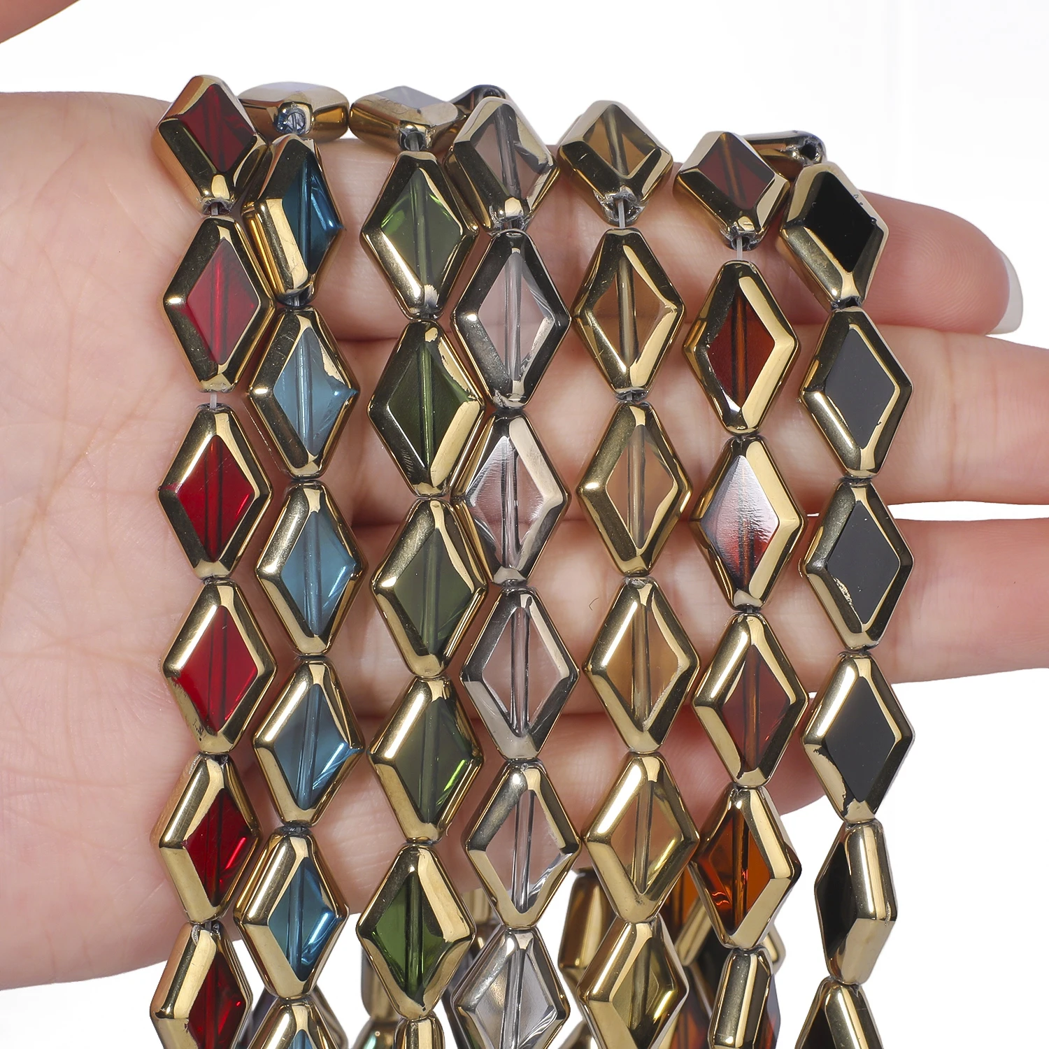 10x15mm Rhombic Crystal Glass Beads Golden Edge Loose Spacer Beadwork for DIY Jewelry Making Necklace Handmade Crafts