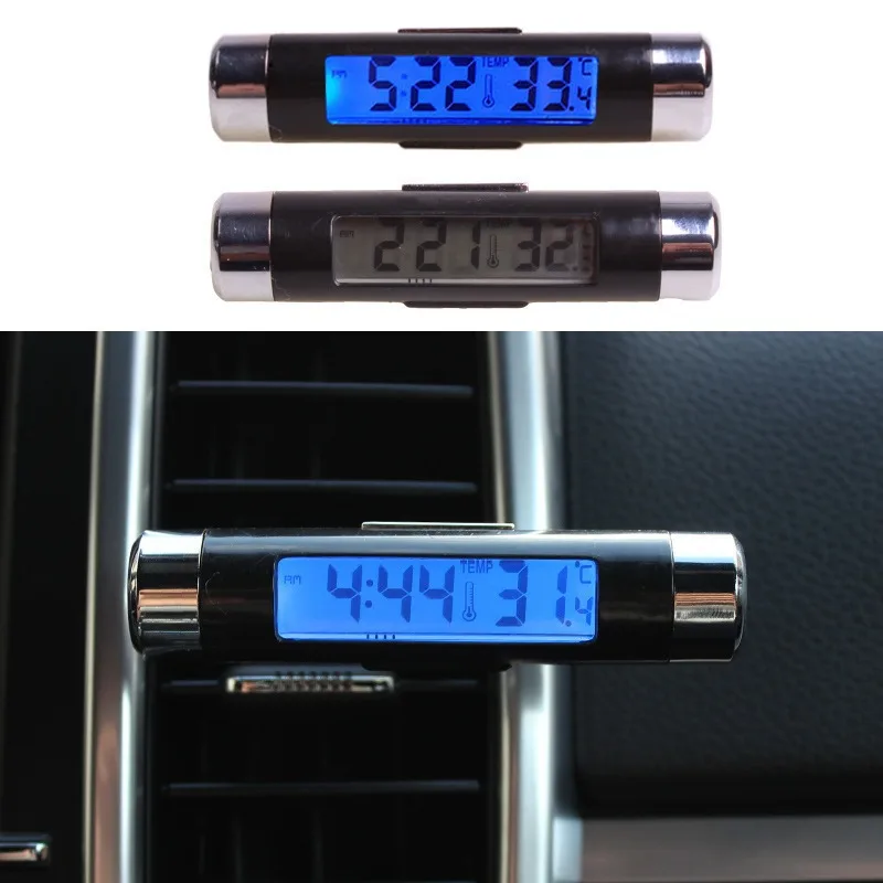 2 in 1 Car Air Vent Thermometer Digital Time Clock LED Digital Temperature Gauge Blue Backlight K01 Auto Air Outlet Electronic