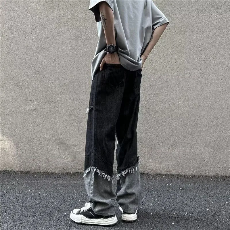 2024 New Jeans Men Ripped Tassel Color Collision High Waist Full Length Thin Loose Straight Casual Male and Female Denim Pants