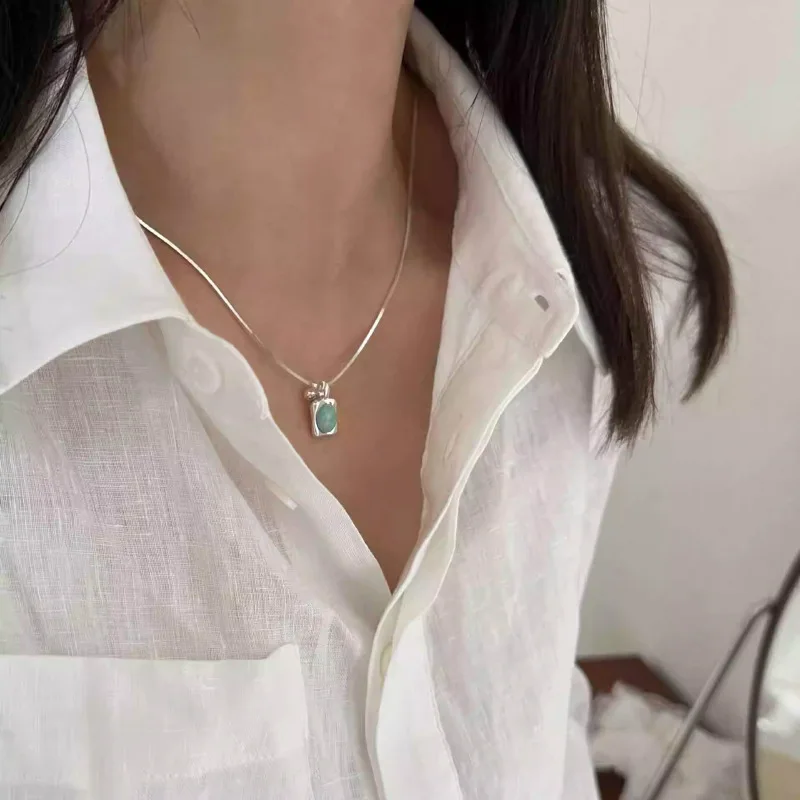 PANJBJ 925 Sterling Silver Mint Green Stone Necklace for Women Geometry Block Sweet Design Special Jewelry Gift Dropshipping