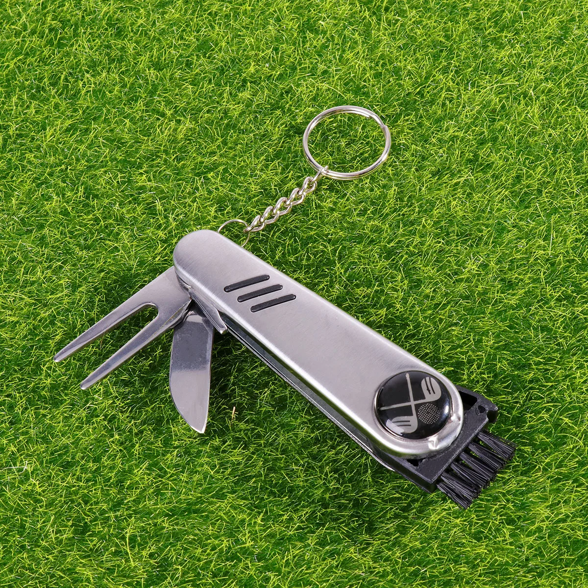 

6 in 1 Golfer's Multi Purpose Gadget Stainless Steel Divot Repair Tool Ball Marker Club Groove Cleaner Brush Keychain Portable