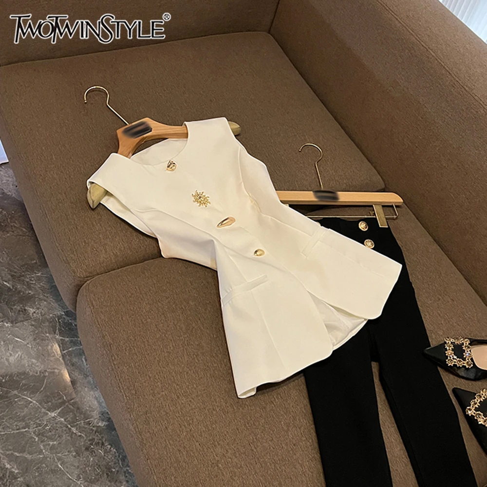 

TWOTWINSTYLE дизайнерские однотонные жилеты на пуговицах для женщин с круглым вырезом без рукавов, летний элегантный жилет, женский модный KVE533237