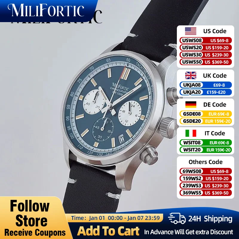 Orologio cronografo classico 3 Sub-dial Milifortic orologio da polso al quarzo da uomo con calendario in acciaio inossidabile luminoso con zaffiro in pelle 10ATM