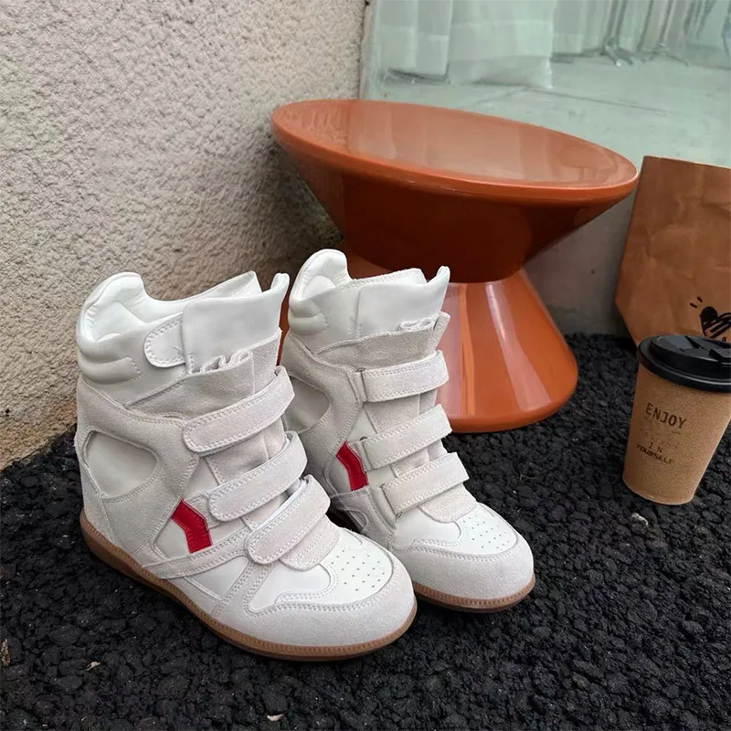 Brand Leather Wedge Sneakers Hook Loop Fastener Hiking Boots Women Thick Sole Platform Height Increasing Shoes Ankle Short Boots