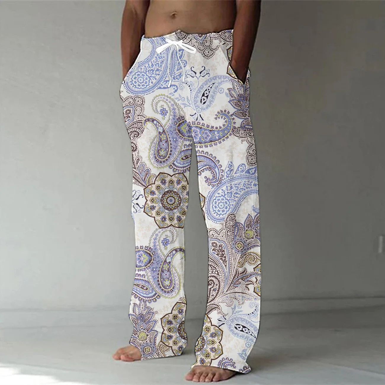 Spring and summer fashion cashew flower 3D digital printing men's bamboo fiber linen casual quick-drying dance yoga pants 5XL