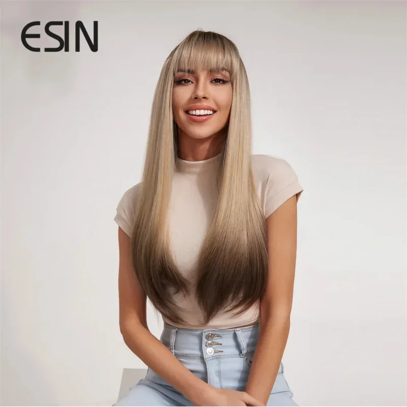 ESIN Synthetic Ombre Brown Wigs For Women Long Straight Wig With Bangs Heat Resistant Fiber DailyCosplay Party  Natural Looking